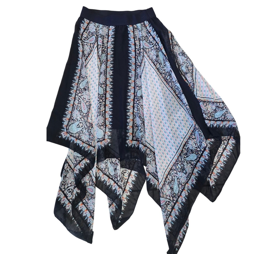 Metro Wear Black and Light Blue Paisley Handkerchief Midi Skirt